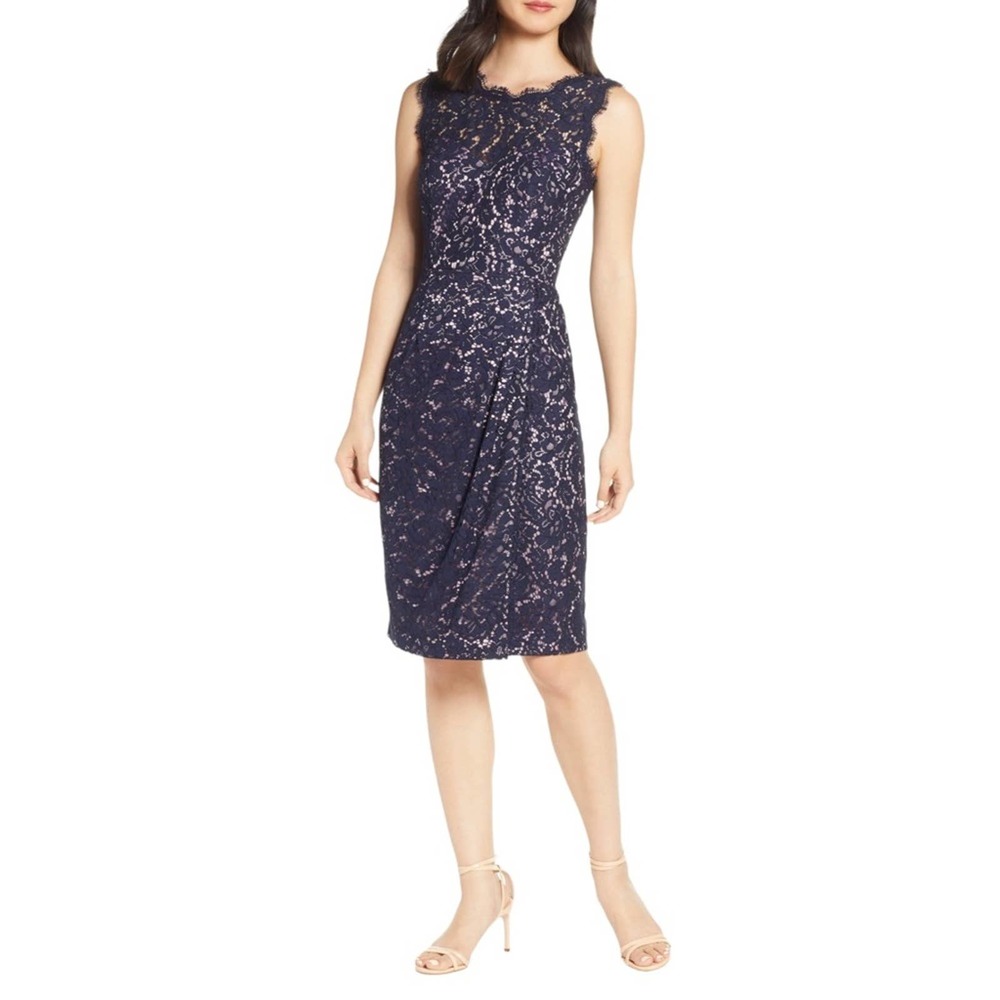 NWT Eliza J Sleeveless Lace Sheath Dress Navy Blue Size 12P